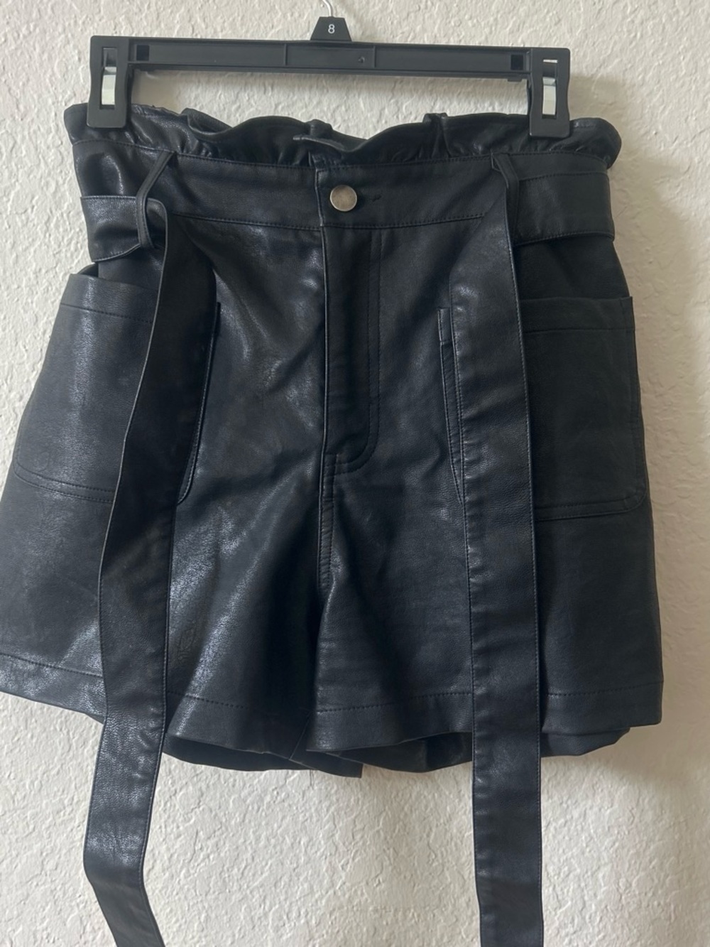 Alya Black Faux Leather Paperbag Waist Shorts with Tie